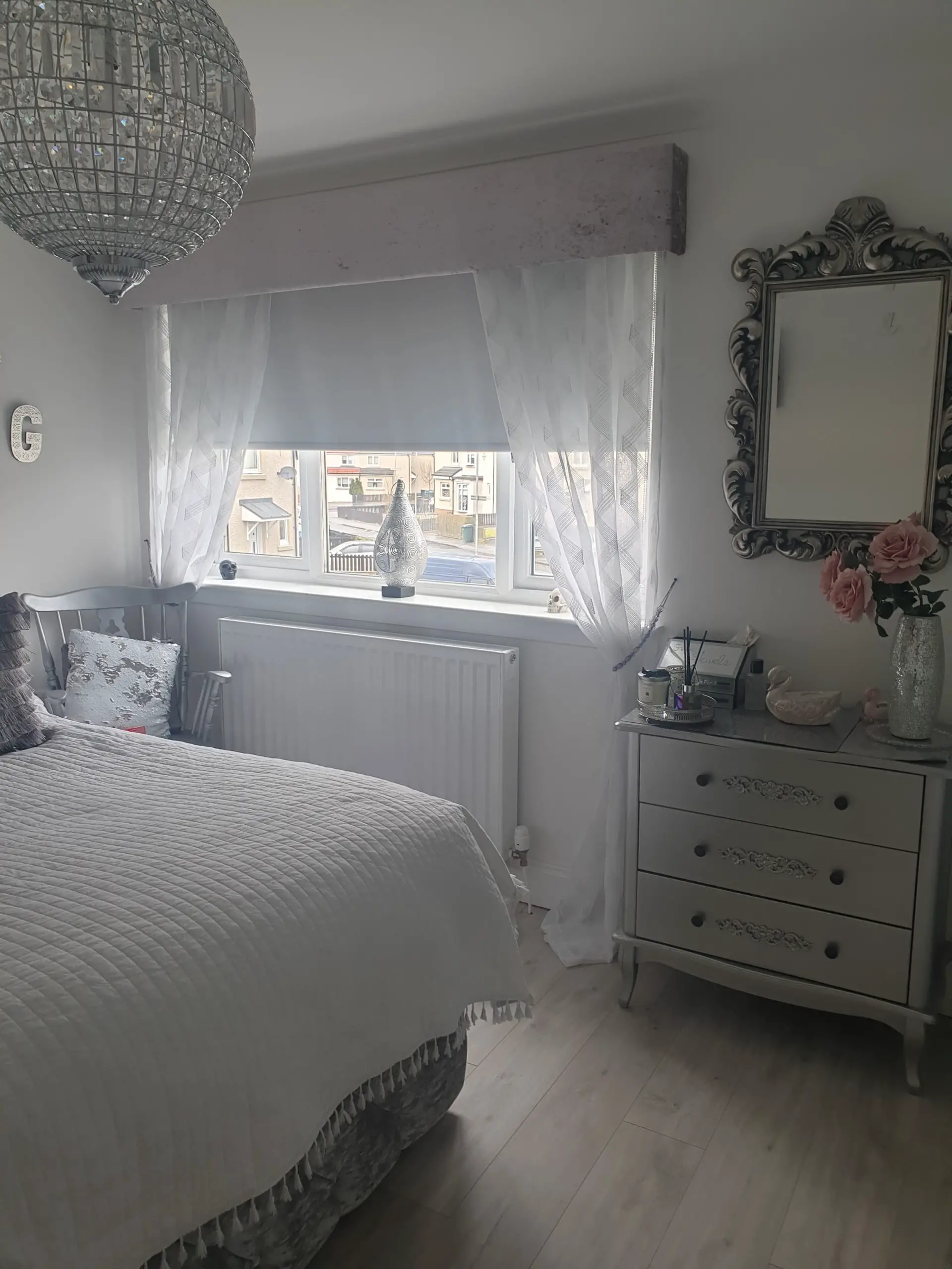 Gray and White Bedroom Neutral for Sleeping with Dresser and Wall Mirror