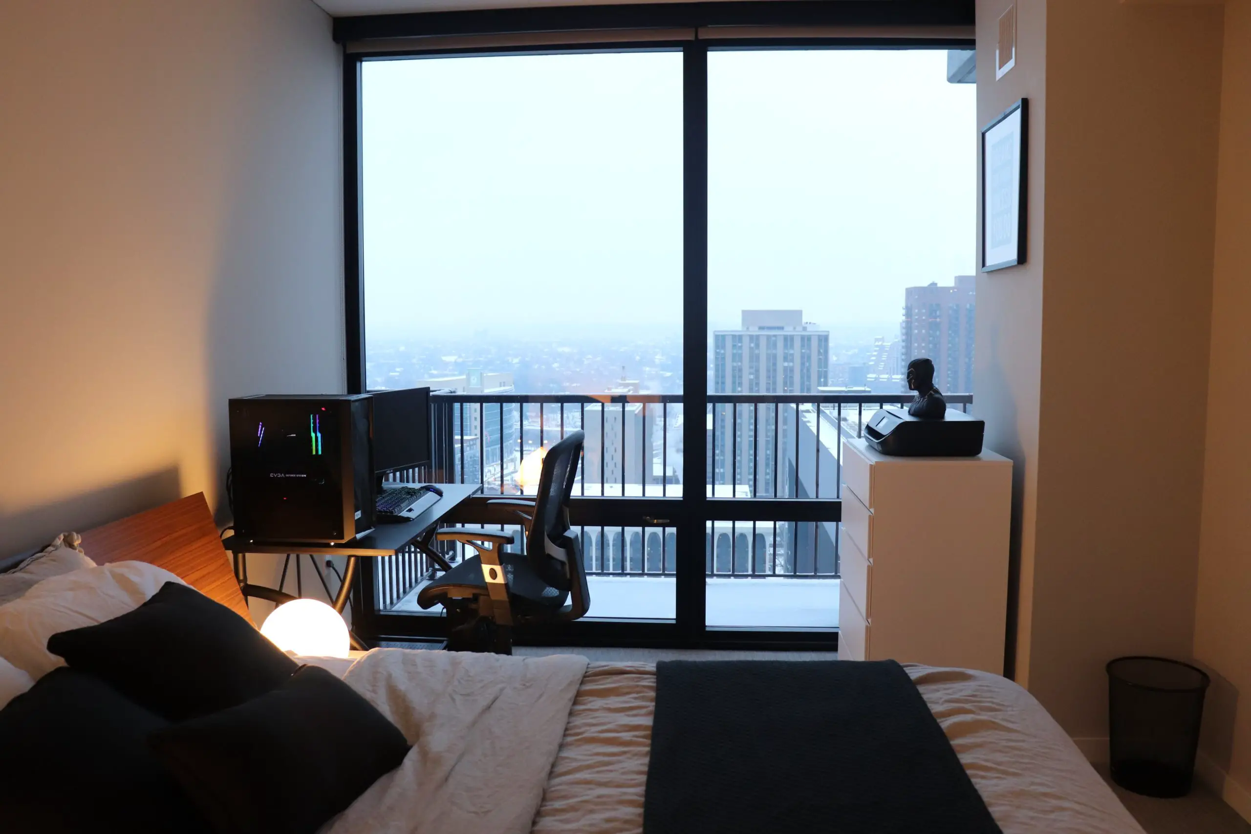 High Rise Luxury Apartment Floor to Ceiling Windows Downtown Bedroom