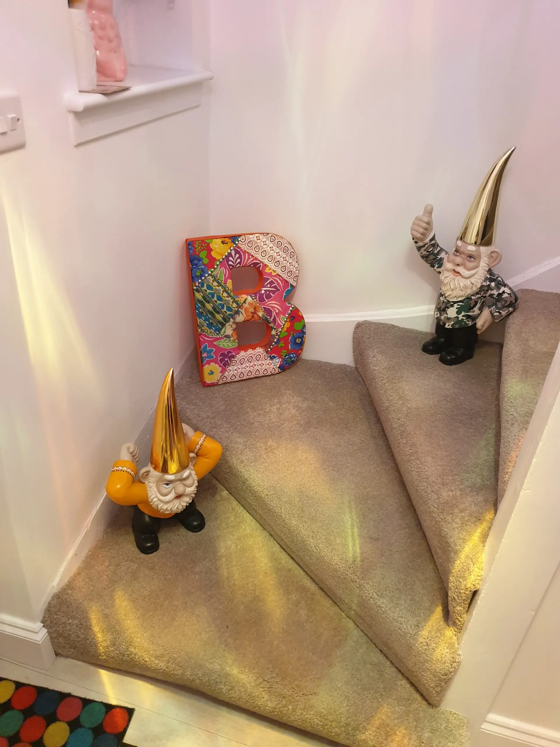 Indoor Garden Gnome on Stair Case